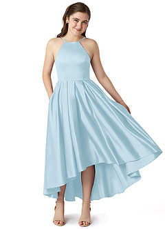 Azazie Jemima Junior Sky Blue A-Line with Pockets Stretch Satin Dress image1