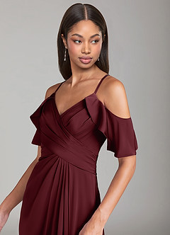 Azazie Dakota Bridesmaid Dresses Cabernet A-Line Off the Shoulder Stretch Satin Dress image5