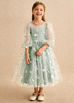Azazie Elowen vestidos de niña de las flores Vestido Salvia Polvorienta de Encaje de Línea A con Escote corazón image5
