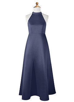 Azazie Laurel Junior Robe Trapèze en Mat Satiné Bleu Orageux image6