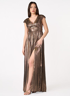 gold fancy dress women's Ulla Johnson | Women's Persephone Pleated Cami Wedding Guest Gown in Gold Satin Sleeveless Maxi Dress