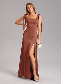 Azazie Frostine Bridesmaid Dresses Auburn A-Line Bow Stretch Satin Dress image1