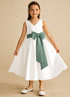 Azazie Darling Flower Girl Dresses Ivory Eucalyptus A-Line Bow Cotton Dress image2