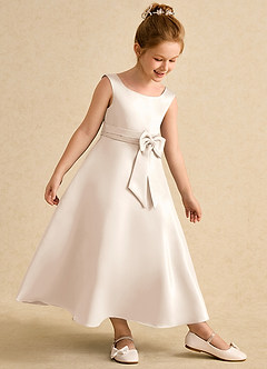 Azazie Eve Flower Girl Dresses White Alabaster A-Line Pleated Matte Satin Dress image3