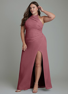 Azazie Jemma Robes de demoiselle d'honneur Robe Fourreau en Mousseline de soie Plissé Rose Du Désert image9