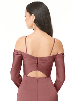 Azazie Hallie Vestidos de damas de honor Vestido de Amatista de Satén Elástico de Corte Recto Convertible con Manga larga con hombros descubiertos image8