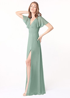 Azazie Kimber Bridesmaid Dresses Agave A-Line Flounce Sleeve Chiffon Dress image4