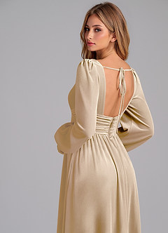 Azazie Norah Bridesmaid Dresses Champagne A-Line Long Sleeve Velvet Dress image7