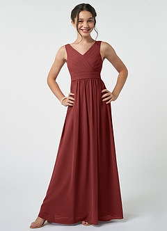 Azazie Kora Junior Abito A-Line in Chiffon Plissettato Terracotta image1