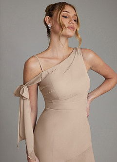 Azazie Aylin Bridesmaid Dresses Taupe Sheath Off the Shoulder Chiffon Dress image3
