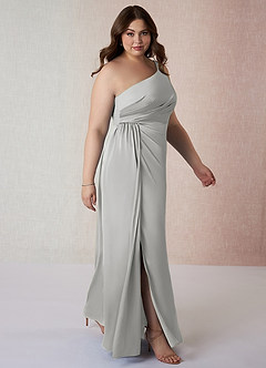 Azazie Mika Bridesmaid Dresses Silver Sheath One Shoulder Stretch Satin Dress image10
