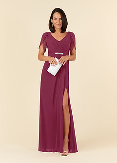 Azazie Marianne Mother of the Bride Dresses Mulberry Sheath V-Neck Pleated Chiffon Dress image4