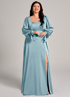 Azazie Leonia Robes de demoiselle d'honneur Robe Trapèze en Satin extensible Manche longue Bleu Maussade image12