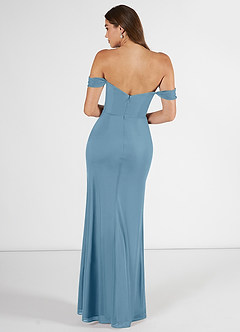 Azazie Kit Bridesmaid Dresses Steel Blue Mermaid Off the Shoulder Mesh Dress image2