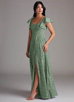 Azazie Bondi Bridesmaid Dresses Matcha A-Line Side Slit Floral Burnout Dress image2