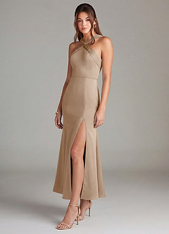 Azazie Rue Bridesmaid Dresses Taupe Mermaid Pleated Stretch Satin Dress image4
