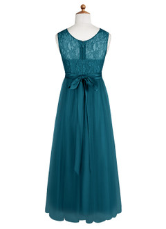 Azazie Georgette Junior Ink Blue A-Line Lace Tulle Dress image9