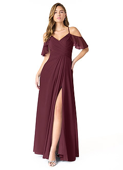 Azazie Dakota Bridesmaid Dresses Cabernet A-Line V-Neck Pleated Chiffon Dress image1