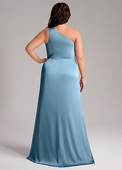 Azazie Phaedra Bridesmaid Dresses Steel Blue A-Line One Shoulder Stretch Satin Dress image9