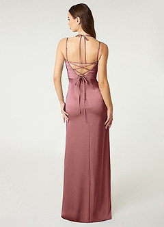 Azazie Desi At-home Try On Dresses Black Sheath Halter Corset Stretch Satin Dress image2