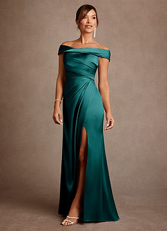 Azazie Bedford Mother of the Bride Dresses Peacock Sheath Pleated Stretch Satin Dress image2