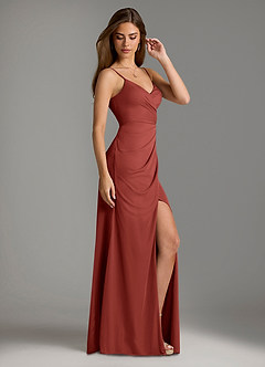 Azazie Maci Bridesmaid Dresses Terracotta Sheath Pleated Mesh Dress image4