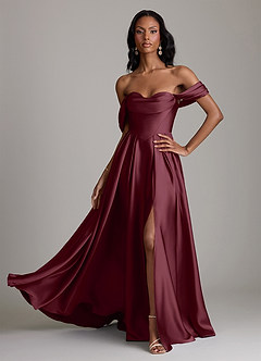 Azazie Loisa Robes de demoiselle d'honneur Robe Trapèze en Satin extensible Épaule décolletée Cabernet image1