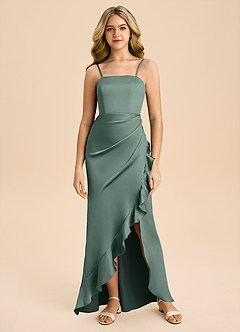Azazie Buzzy Junior Sea Moss Sheath Pleated Stretch Satin Dress image3