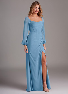 Azazie Charissa Bridesmaid Dresses Steel Blue Sheath Long Sleeve Chiffon Dress image5