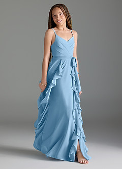 Azazie Peyton Junior Steel Blue A-Line V-Neck Cascading Ruffles Chiffon Dress image3