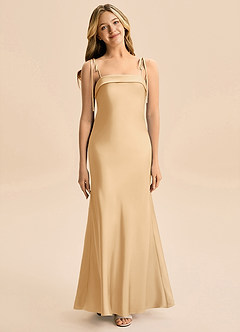 Azazie Willa Junior Gold A-Line Bow Stretch Satin Dress image1