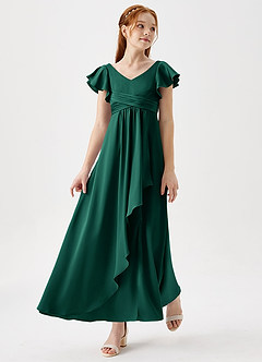 Azazie Omari Junior Emerald A-Line Pleated Stretch Satin Dress image1
