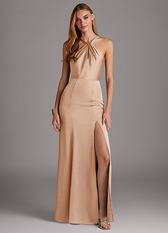 Azazie Elana Bridesmaid Dresses English Rose Sheath Side Slit Stretch Satin Dress image1