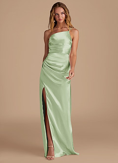 Azazie Eren Bridesmaid Dresses Dusty Sage Sheath One Shoulder Metallic Satin Dress image3