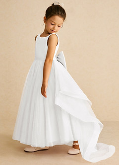 Azazie Pumpkin 플라워 걸 드레스 A라인 절하다 얇실버 명주 그물 발목 길이 드레스 image4