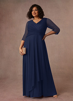 Azazie Annetta Mother of the Bride Dresses Dark Navy A-Line V-Neck Pleated Mesh Dress image7