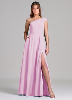 Azazie Melanie Bridesmaid Dresses Candy Pink A-Line Off the Shoulder Chiffon Dress image1