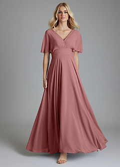 Azazie Pamela Vestidos de damas de honor Vestido de Rosa Del Desierto de Gasa de Corte en A con Cuello en V plisado image1