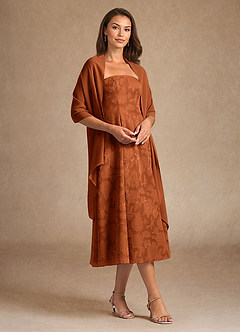 Azazie Lorain vestidos de madre de la novia Vestido de Naranja Quemada de Devorado Floral de Corte en A con Plisado image4