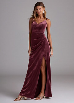 Azazie Leo Bridesmaid Dresses Raspberry Sheath Pleated Velvet Dress image1
