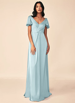 Azazie Soren Bridesmaid Dresses Cloud Blue A-Line Pleated Stretch Satin Dress image1