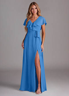 Azazie Lainey Bridesmaid Dresses Blue Jay A-Line with Pockets Chiffon Dress image3