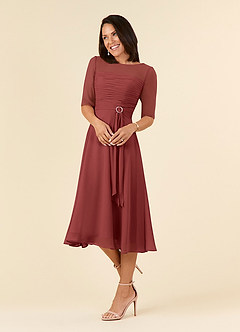 Azazie Naomi Mère de la mariée Robes Robe Trapèze en Mousseline de soie Col bateau plissé Terracotta image3