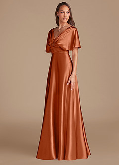 Azazie Pamela At-home Try On Dresses Auburn A-Line Pleated Metallic Satin Dress image4