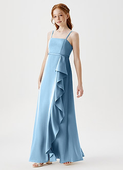 Azazie Kaylee Junior Robe Trapèze en Satin extensible avec ceinture Acier Bleuté image4