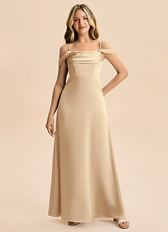 Azazie Lettie Junior Abito A-Line in Raso Elasticizzato a Spalla Scoperta Champagne image4