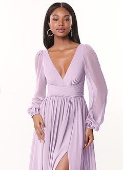 Azazie Norah Bridesmaid Dresses Frosted Lilac A-Line V-Neck Long Sleeve Chiffon Dress image5