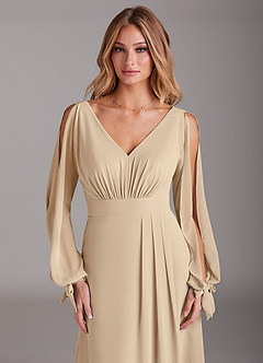 Azazie Matilda Bridesmaid Dresses Champagne A-Line Long Sleeve Chiffon Dress image6