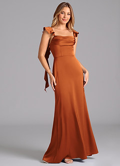 Azazie Adi Bridesmaid Dresses Cinnamon A-Line Pleated Stretch Satin Dress image5