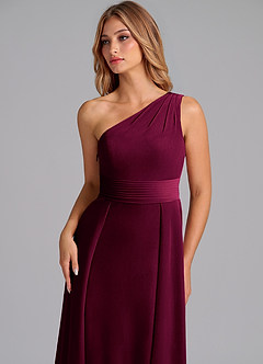 Azazie Dallas Vestidos de damas de honor Vestido de Cabernet de terciopelo de Corte en A con Hombro unilateral image6